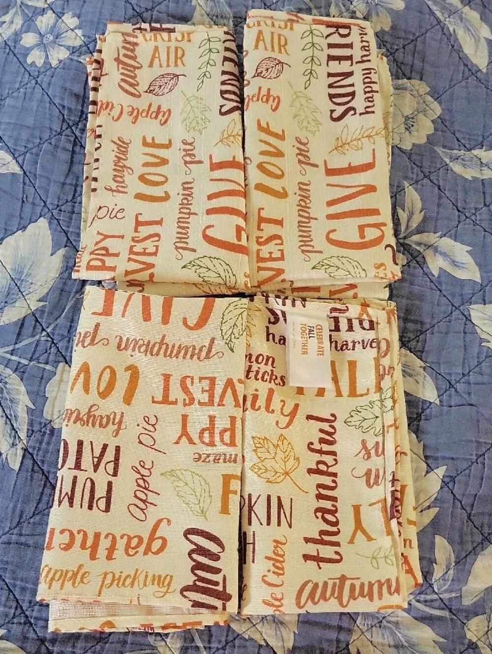 Autumn Fall Thankful Fabric Napkins Set of 4 - Orange, Brown, Green